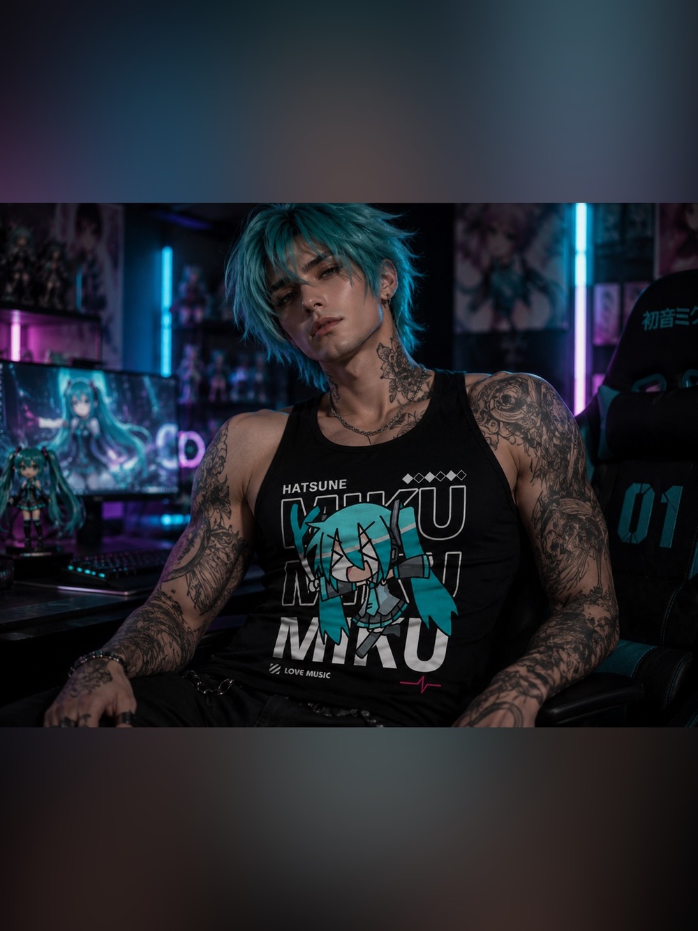 Hatsune Miku Cotton Vocaloid, Otaku Black Tank Top, Sz S up to 2XL